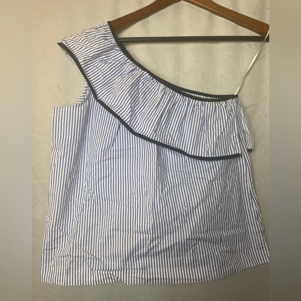 J. Crew One-Shoulder Blue White Pinstripe Ruffle Preppy Summer Coastal Top 2
